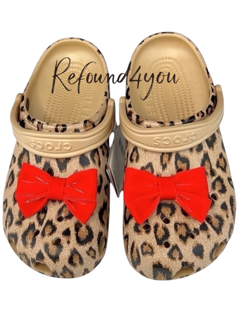 Crocs - ‘Leopard & Red Bows’ classic clogs. Woman SZ: 7,8,9,10. NWT. Firm!
